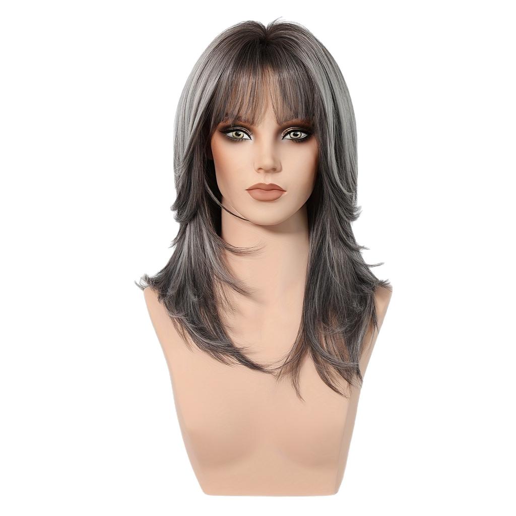 Mixed Black Grey Layered Synthetic Natural Wig Medium Length Wave Wig with Bangs for Women Daily Party Hair Heat Resistant Fibre