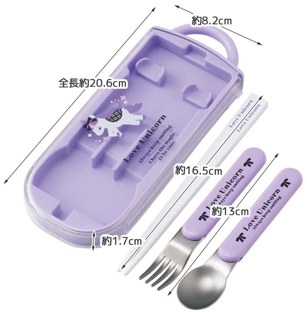 Skater Bento Trio Set and Fork Love Unicorn Made In Japan (TACC2AG-A) - Chopsticks, Spoon, - Design, Kids', Antibacterial, Easy-Opening, Slide-Open