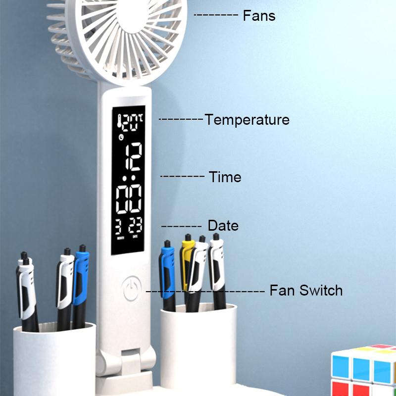 Wiederaufladbare Tischlampe fürs Arbeitszimmer, Schreibtischlampe, Leselicht, LED-Tischlicht mit Ventilator, Leselampe mit LED-Uhranzeige