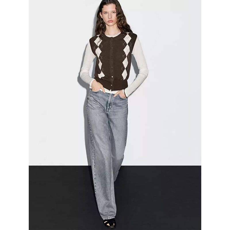 MD Women clothes American Preppy Diamond Plaid Retro round Neck Sleeveless Knit cardigan Vest 05768593717