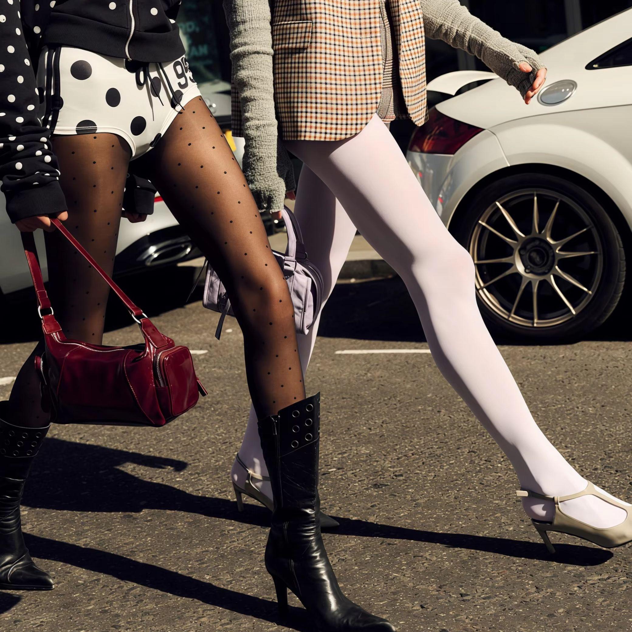 2-Pack Polka Dot Solid Matte Cream White Pantyhose High Stretch Slim Fit Sweet Cool Two Styles Breathable Base Tights L
