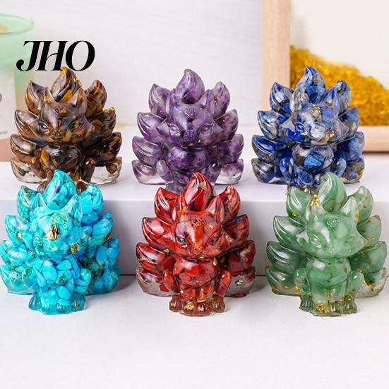 Desktop Fox Figurine Natural Stone Nine-tailed Foxes Positive Healing Energy Hand-carved Colorful Faux Ornament Crystal Sitting Animal Statue