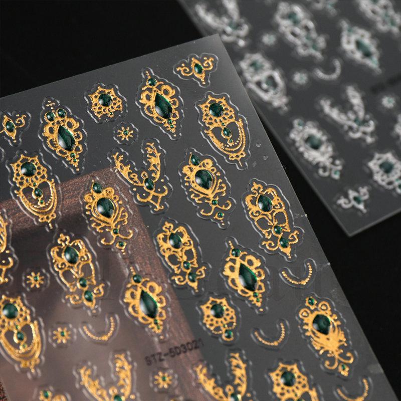 1pc embossed 5D retro light luxury court-style nail sticker with rubies and emeralds, adhesive backing, nail sticker, holiday gift.