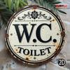 Vintage WC Toilet Sign. Round Aluminum Plaque with Floral Design for Farmhouse or Cafe.