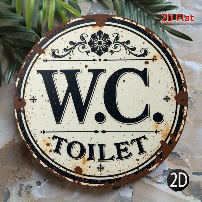 Vintage WC Toilet Sign. Round Aluminum Plaque with Floral Design for Farmhouse or Cafe.