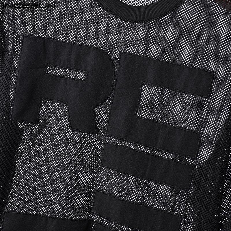 INCERUN Men Summer O Neck Short Sleeve Letter Print Mesh Sheer T-Shirts Transparent Tops