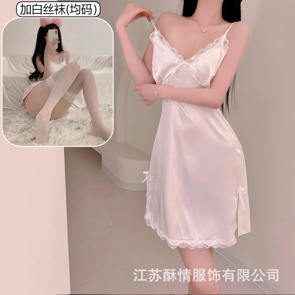 Sexy pure desire style new lace suspender nightdress women's satin thin sexy deep V split set