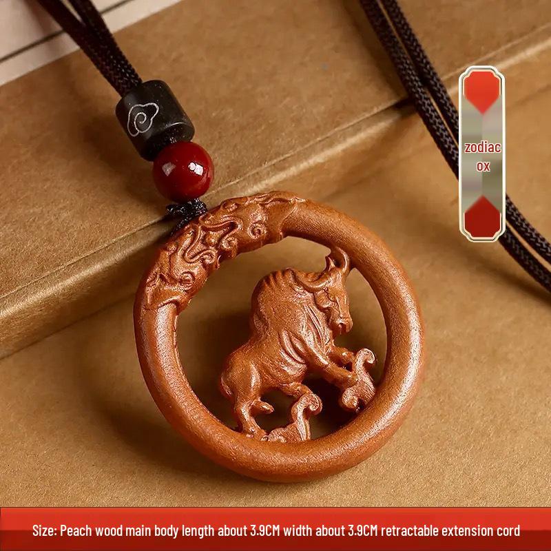 Peach Wood Zodiac Keychains: Year of the Dragon Pendant with Rat, Ox, Tiger Carvings - Carry-on Ornament Gift