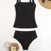 Qianmo 2025 Women's Off-Shoulder Tummy Control Ruffled Swimsuit - Black Two-Piece European & American Style.