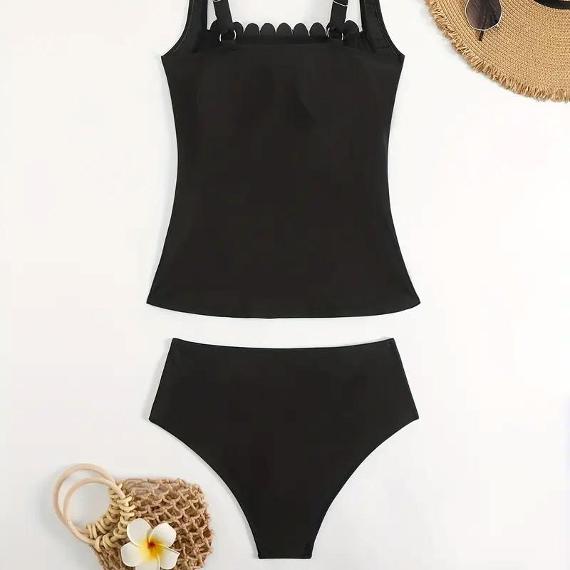 Qianmo 2025 Women's Off-Shoulder Tummy Control Ruffled Swimsuit - Black Two-Piece European & American Style.