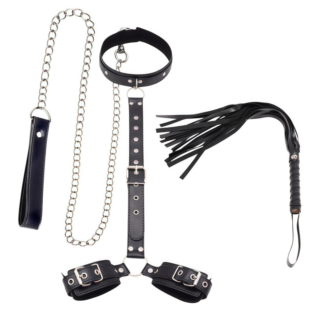 Adjustable Neck To Wrist Ankle BDSM Bondage Kit with Collar Handcuffs Chain Leash Straps for Couples Role Play Sex Toys