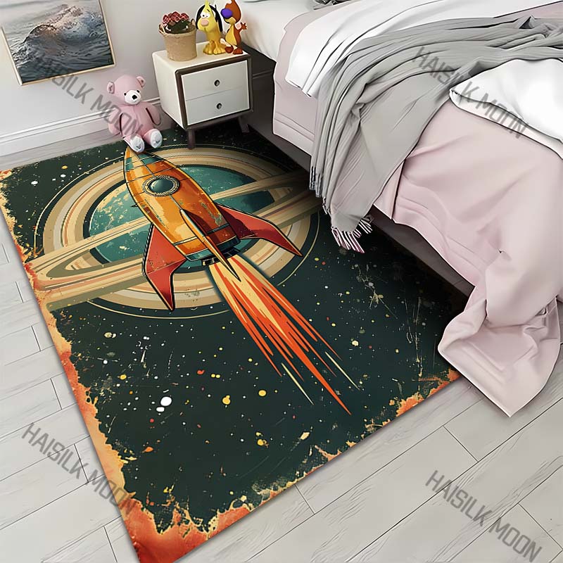 Retro Iron Spaceship Carpet for Living Room Bedroom Bedside Floor Mat Sofa Table Area Rugs Home Decor Large Size Machine Wash