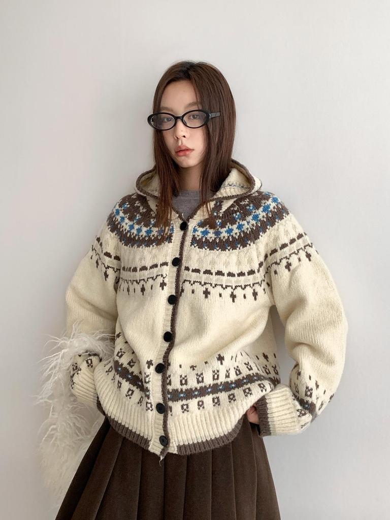 Dorothy Fair Isle Retro Pletený kardigan s kapucí - Dámský zesílený svetr ke všemu
