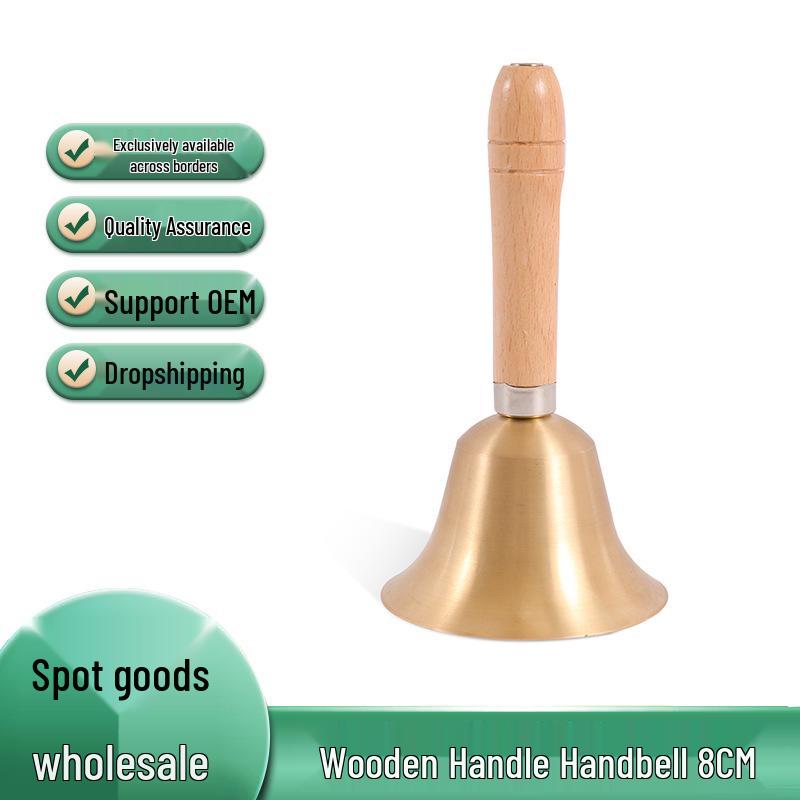 Wooden Handle Hand Bell with Pure Copper 8cm Diameter Ring for Classroom Use