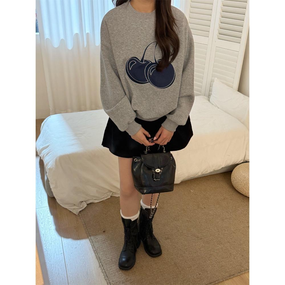 Dimanaf New 2025 Women Embroidery Fruit Hoodies & Sweatshirts Print Full Sleeve Autumn Basic Tops T-Shirt New Pullover