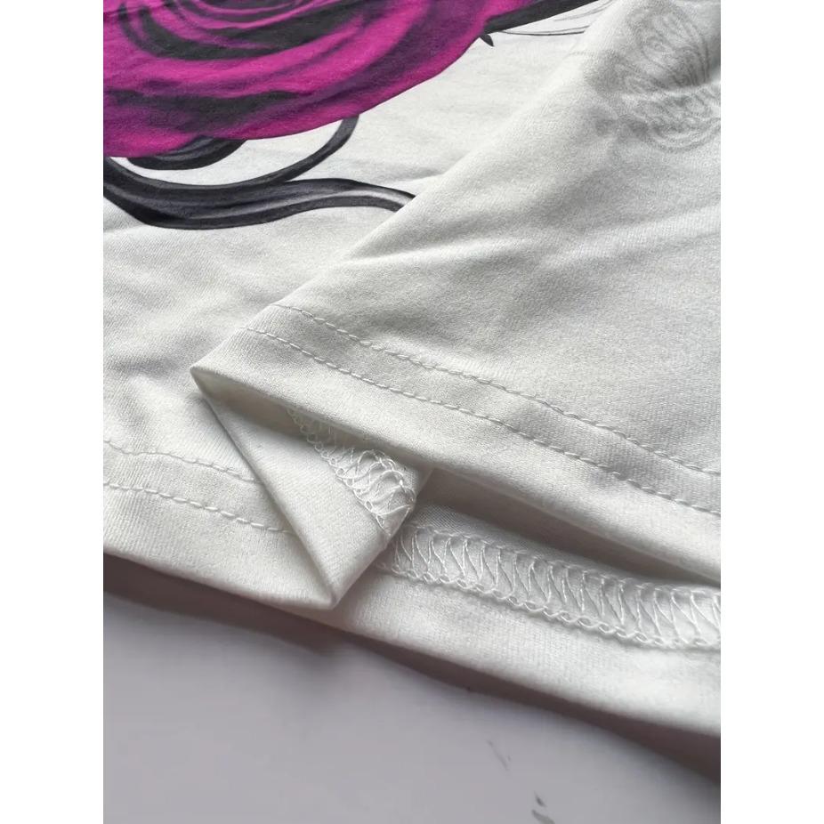 Retro Rose Print Round Neck Short Sleeved T-shirt for Women Breathable Polyester Stretch Comfortable for Everyday