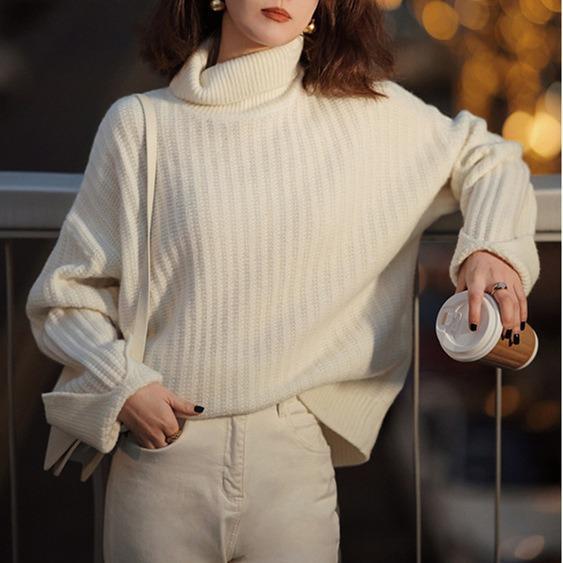 

Ретро свободная и простая вязаная базовая рубашка женская осенне-зимняя новая однотонная модная водолазка пуловер one size fits all