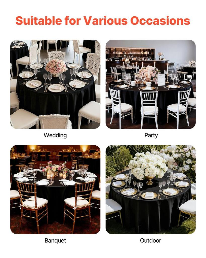 Black Round Tablecloths 6 Pack, 120 Inches In Diameter, Stain- & Wrinkle- Resistant, Machine Washable Table Clothes, Polyester Fabric Table Covers for