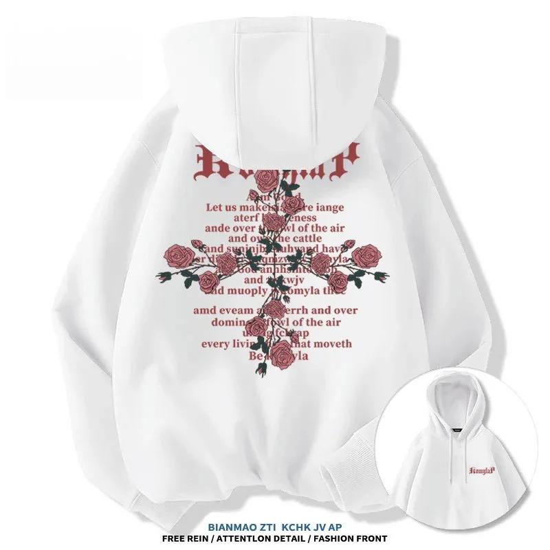 American Streetwear Brand Cross Rose Printed Sweatshirts for Men and Women, Loose Streetwear Jackets for Spring and Autumn