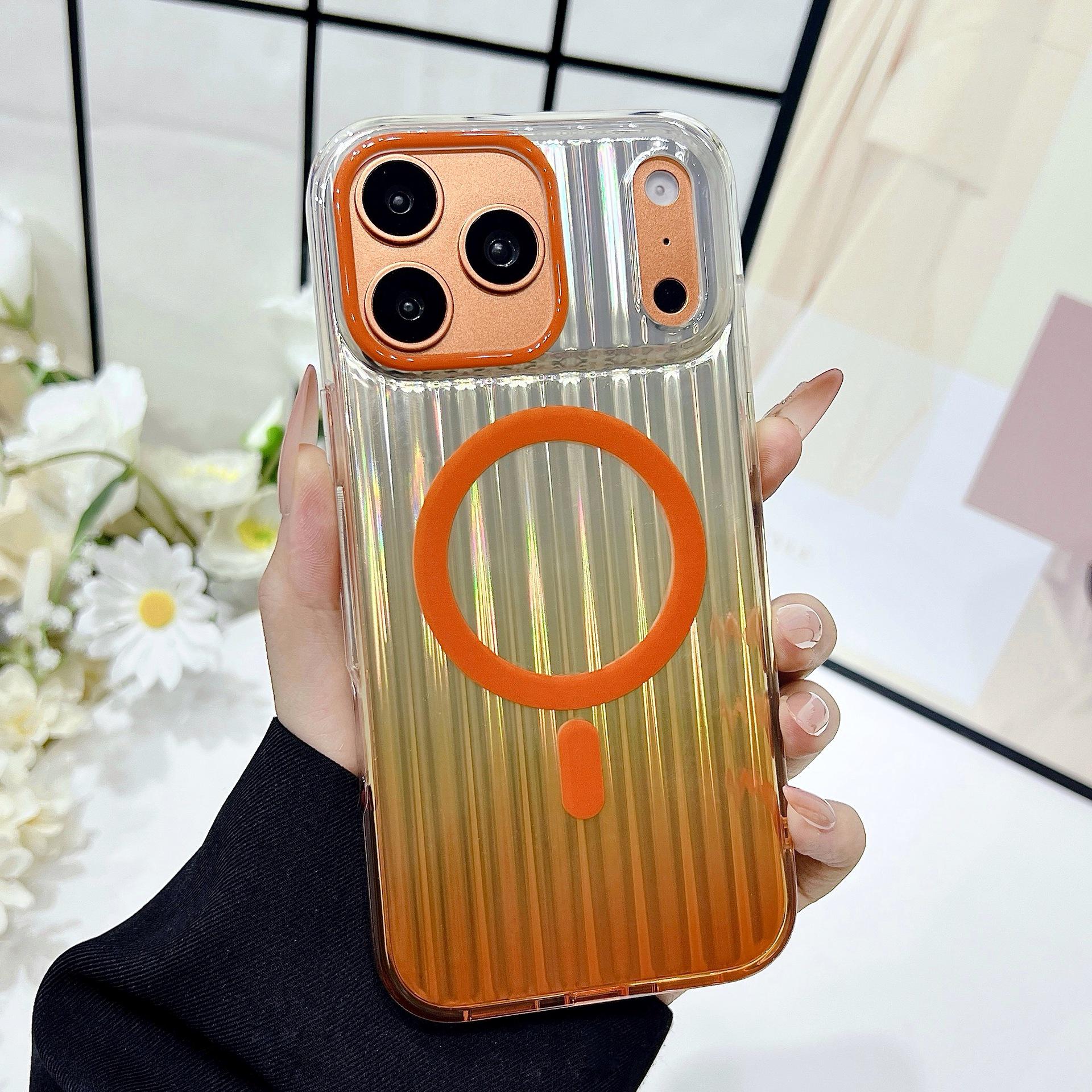 iPhone 17 Pro Max Frosted Gradient Magnetic Phone Case - Drop-proof, Striped Design 14 Pro Max оранжевый