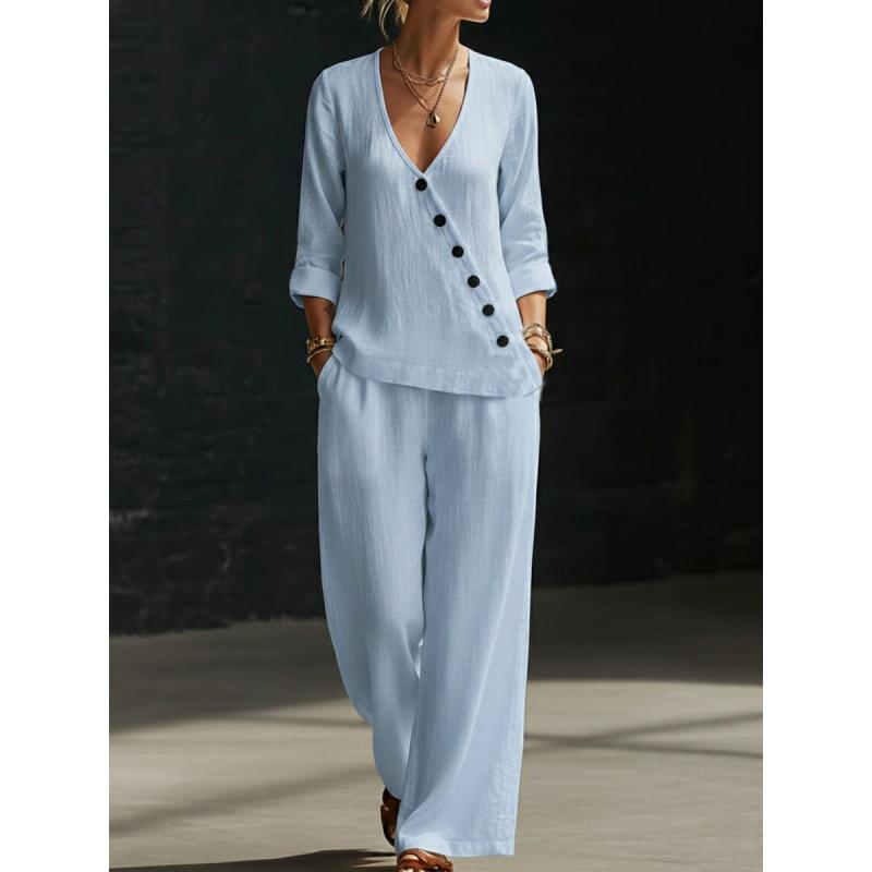2026 Spring and Summer New Women's Clothing, European and American Minimalist Temperament Loose V-neck Diagonal Button Shirt Wide-leg Pants Two-piece