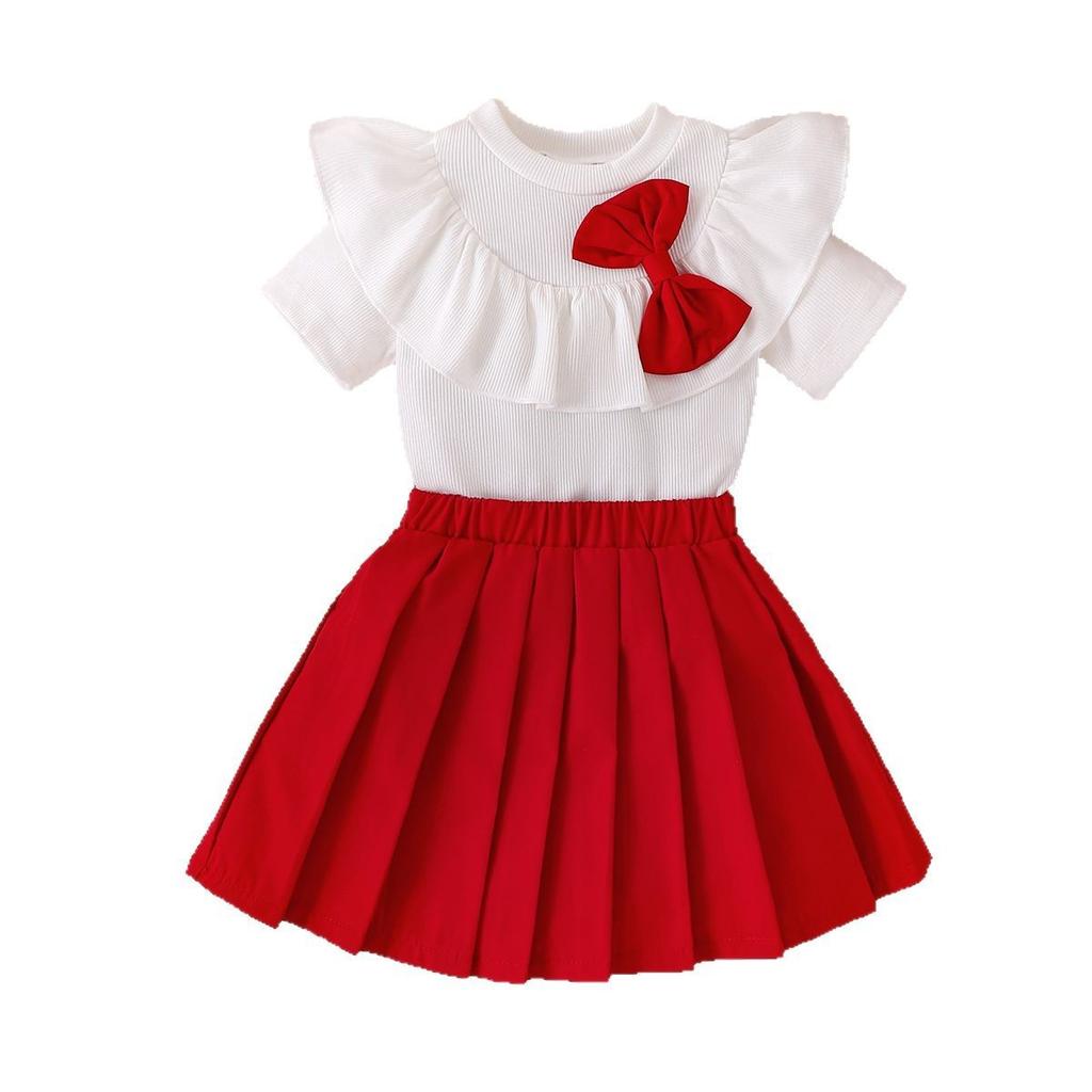 Girls' Fashion Set 2025 Summer Children's Casual Solid-color Short-sleeved Top with Lotus Leaf Collar and Pleated Skirt Two-piece Set