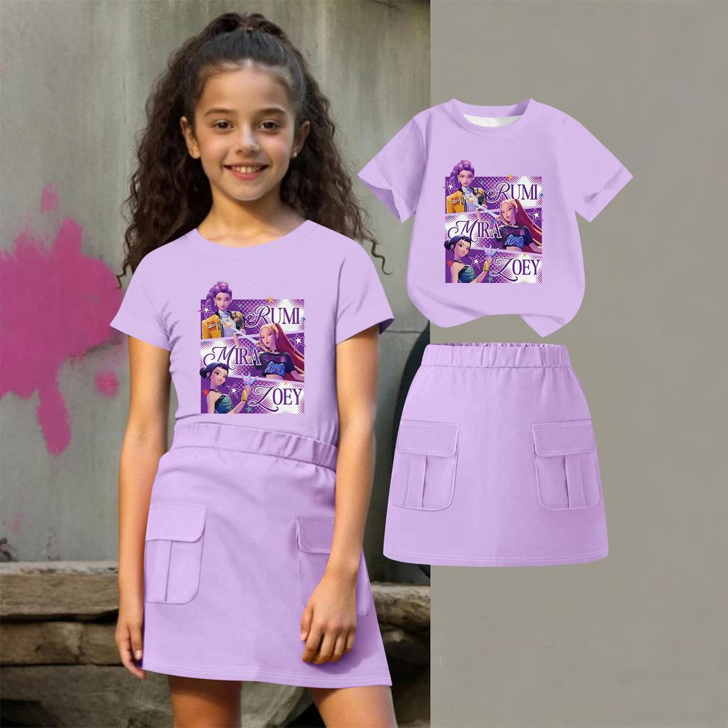 Kinder Sommer Sport T-Shirt und Röcke 2-teiliges Outfit Trainingsanzug Set Kurzarm Print Crop Tops mit Kleiderset