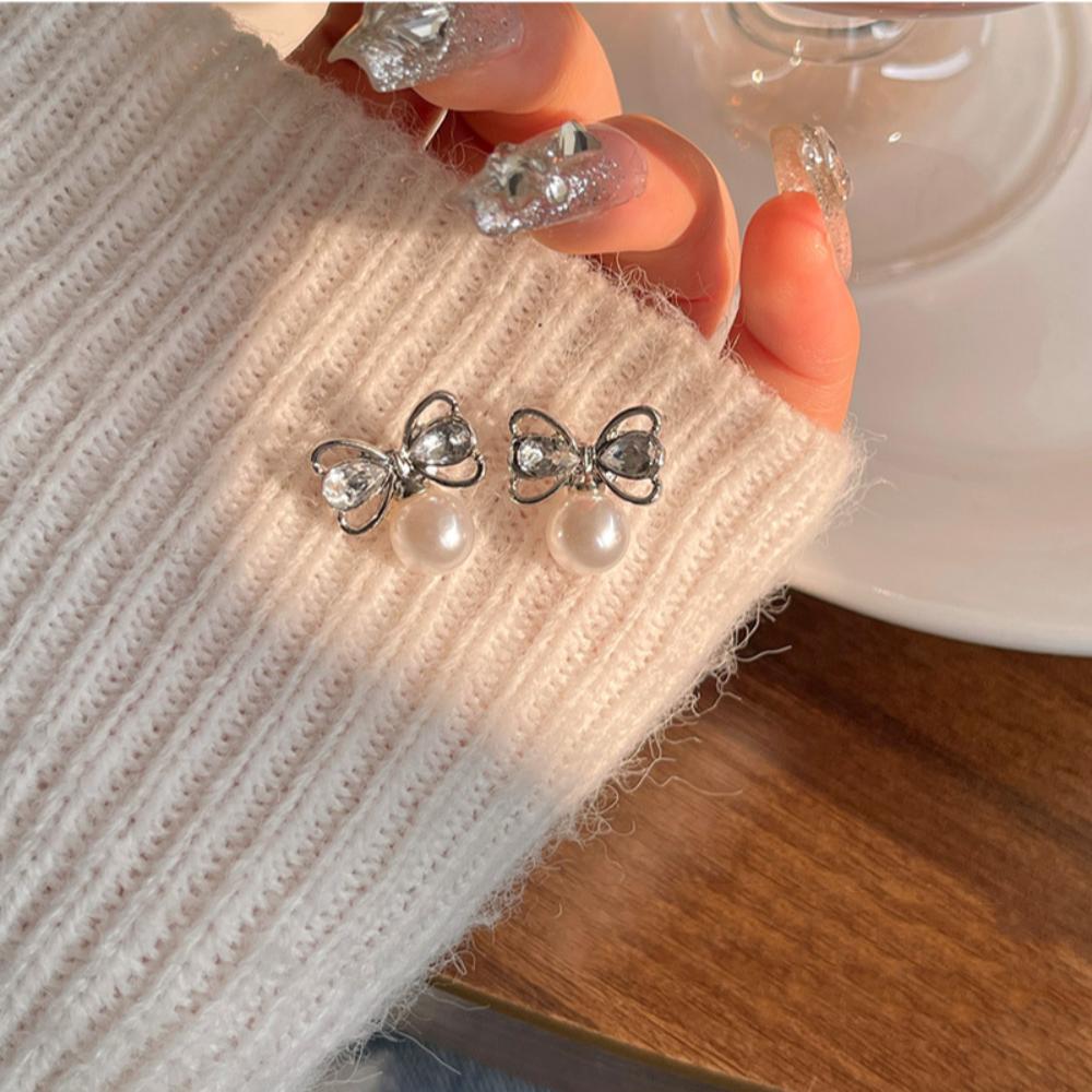 

Inlaid Rhinestone Temperament Pearl Earrings Pendant Bowknot Drop Earrings Women белый