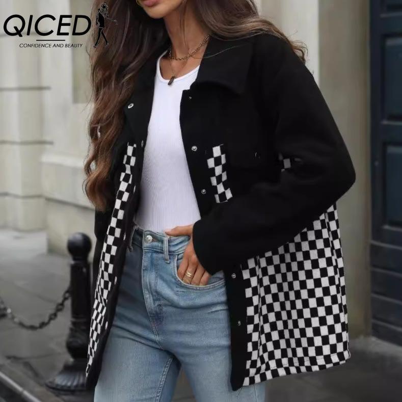 QICED Women's Autumn and Winter Lapel Single-breasted Long-sleeved Fleece Check Coat for Women