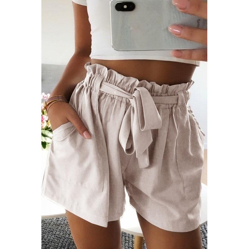 Women Summer Fashion Lace Up Short Pants Casual High Waist Pure Color Crepe Woven Tie Beach Shorts Pocket Cotton Short Pants