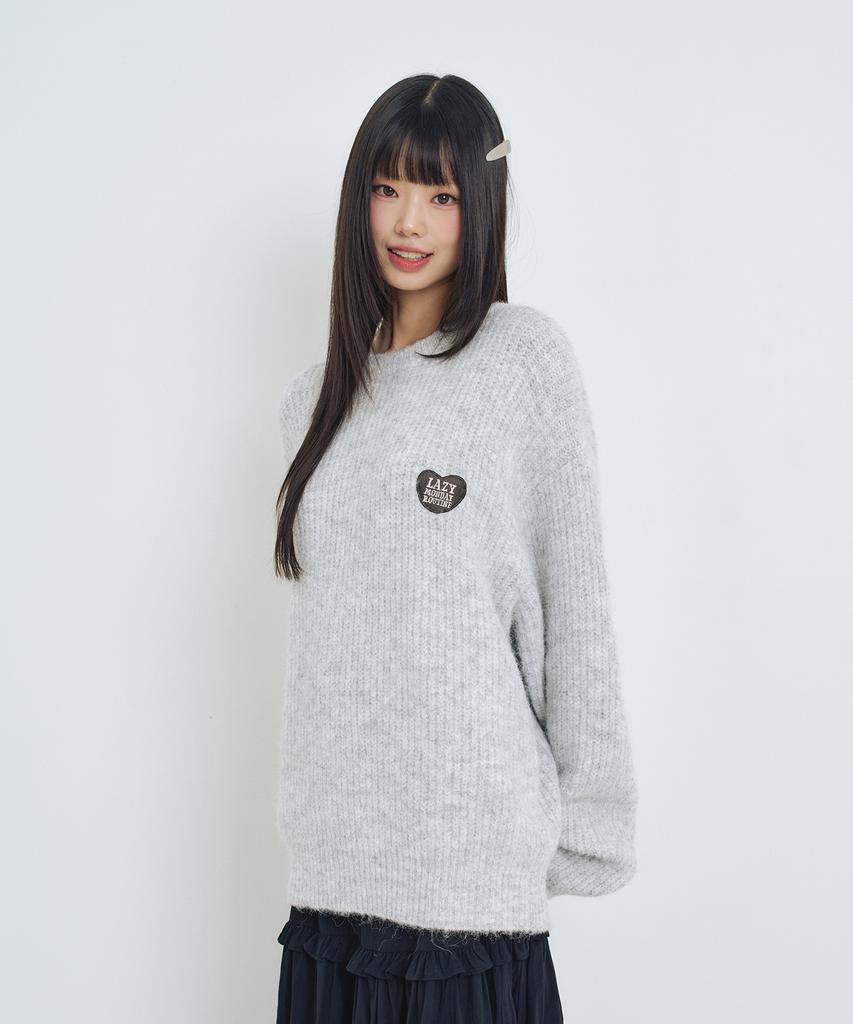 LMR Hairy Heart Embroidered Pullover Knit Light Grey