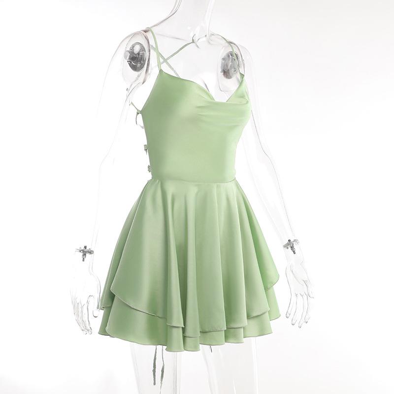 Summer New European and American Sexy Elegant Slim Sling Sling Satin Backless Strap A Swing Dress Women