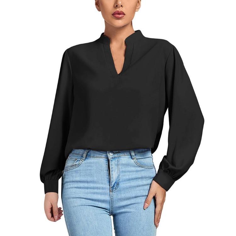 Women Work Shirt Elegant High Neck Long Sleeve Loose V-neck Top Stylish Soft Breathable Lightweight Pullover Shirt