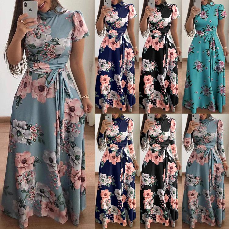 Autumn new style flower print short-sleeved pendulum dress women's clothing