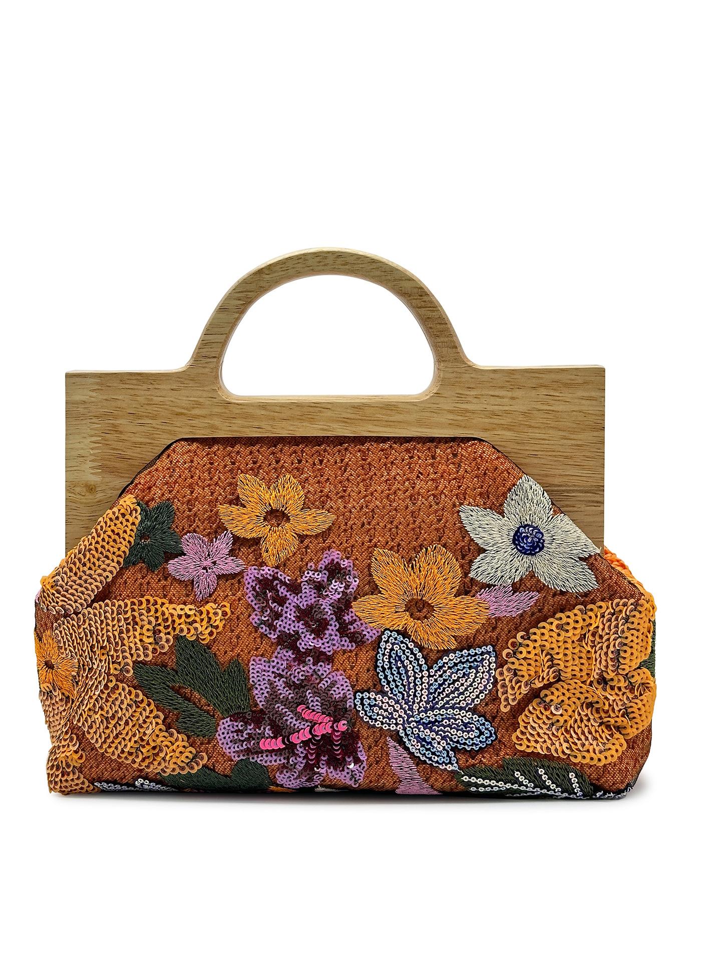 

Fashion Embroidered Sequins Women Handbags Wooden Handle Chain Shoulder Crossbody Bag Shinny Summer Beach Bag Party Clucth Purse