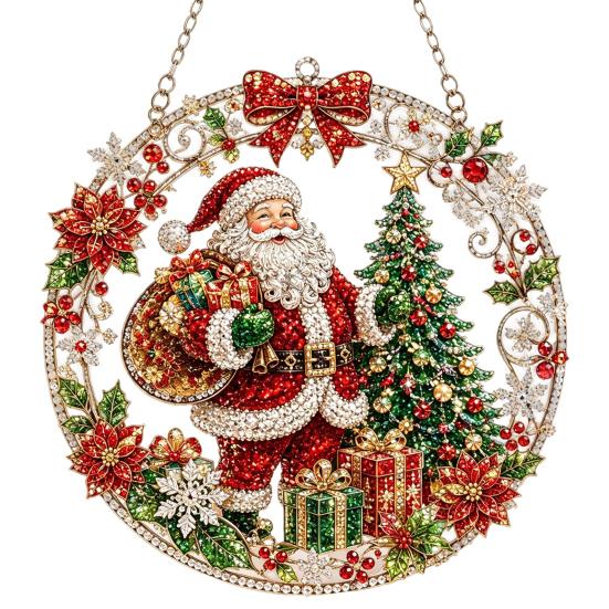 Holiday Window Hanging Decor Christmas Faux Pearl Painting Suncatcher Kit, 3D Nativity/Santa Claus/Bird/Tree Creative Handcrafts Beads Art Craft,