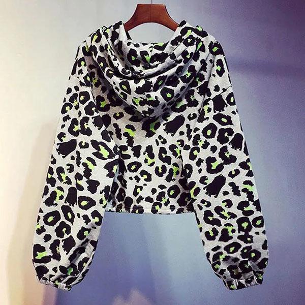 WTEMPO Dámské jarní podzimní kabáty s dlouhým rukávem s leopardím potiskem, velká velikost, volný střih, streetwearové krátké bundy s kapucí