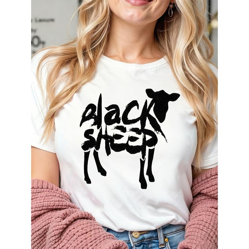 European Size Black and White Calligraphy Abstract Black Sheep Text Bold Brush Strokes Simple Monochromatic White Canvas Women Summer Short-sleeved