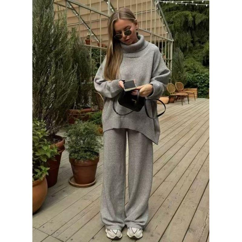 

Модный ветер Модный свитер с высоким воротником Нарядные брюки прямого кроя Костюм-двойка Комплект свитер и брюки Grey L