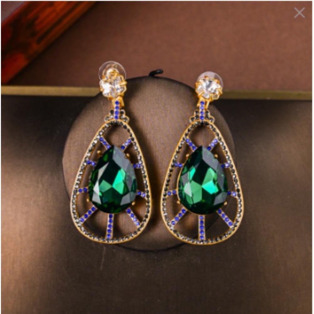 Premium Exaggerated Malachite Green Rhinestone Mixed Color Diamond Hollow Water Drop Stud Earrings