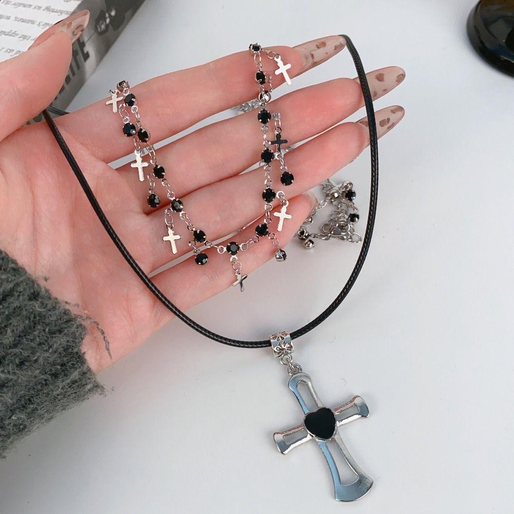 Gothic Cross Pendant Choker Necklace Heart Double Layer Necklace Rhinestone Necklace  Girls