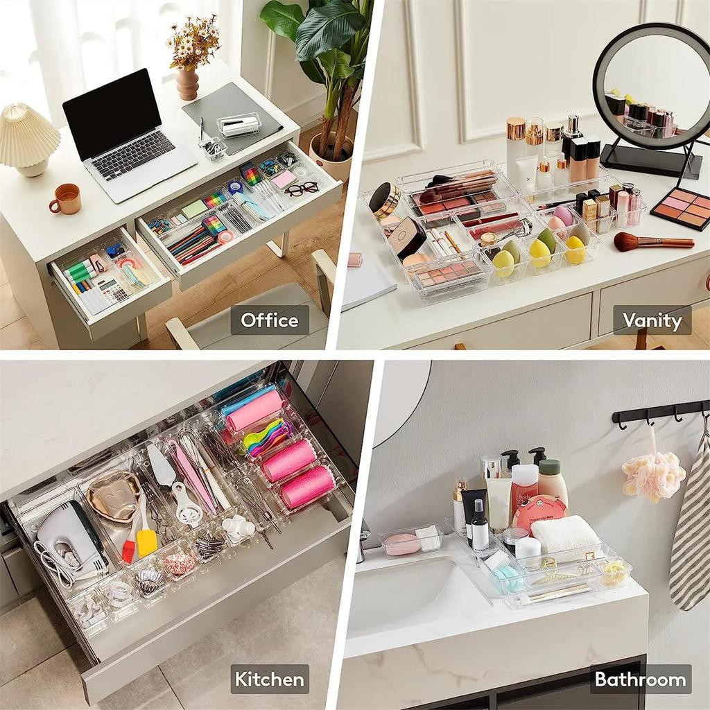 10-Piece Versatile Drawer Organizer Set - Clear Plastic Trays and Dividers In 4 Sizes for Perfect Makeup and Kitchen Storage
