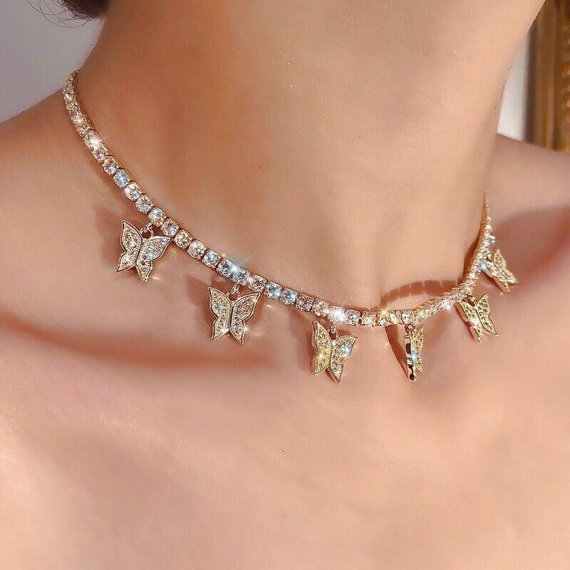 Crystal Butterfly Pendants Women Chokers Personality Gold Hollow Chain Choker Necklaces for Ladies Punk Collar jewellery