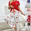 Heart Print Short Sleeve Pajama Set - European & American Style with Hollow Stripes