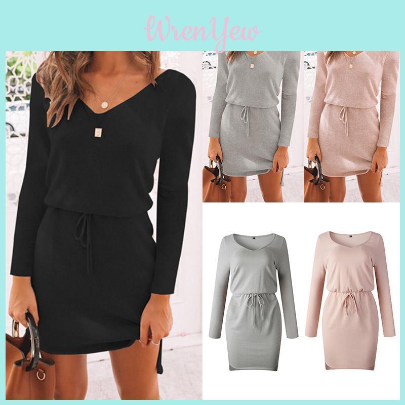 Cozy Deep V-neck Womens Knitted Jumper Sweater Dress For Autumn And Winter