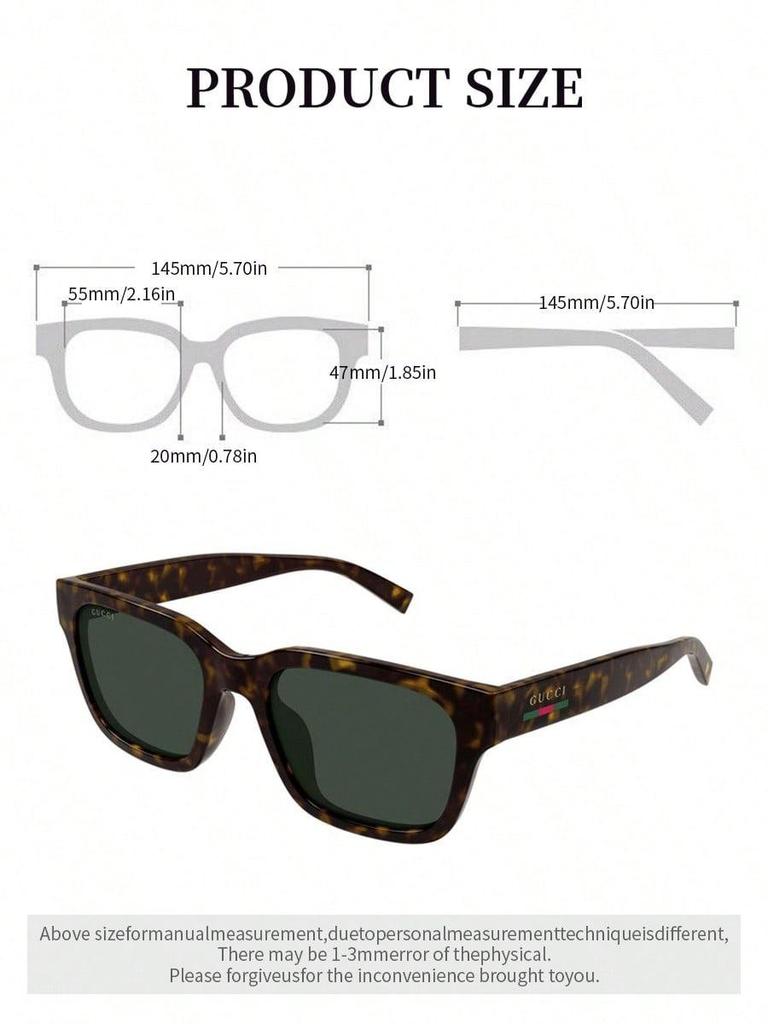 GUCCI Unisex Square Sunglasses GG1857SK‑002 55 Tortoiseshell Frame Green Lens UV400 Protection Retro Fashion Eyewear