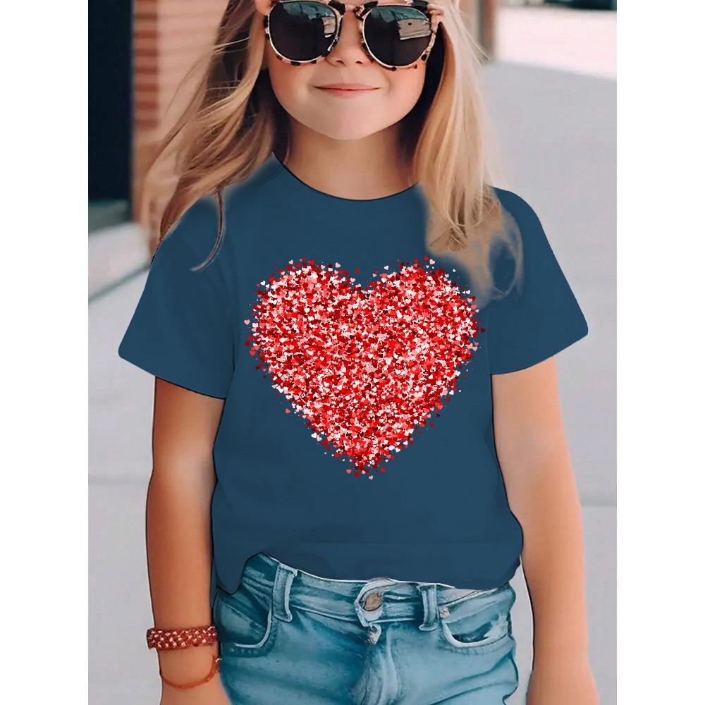 Summer Fashion Girls Short-sleeved T-shirt Red Love Element Printed Casual Versatile Top