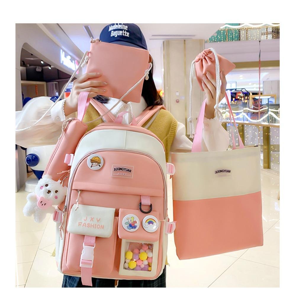 Backpack New Fashion Casual Foreign Style Simple Large Capacity Double Pocket Backpack Korean Version Small Fresh Five-piece Backpack