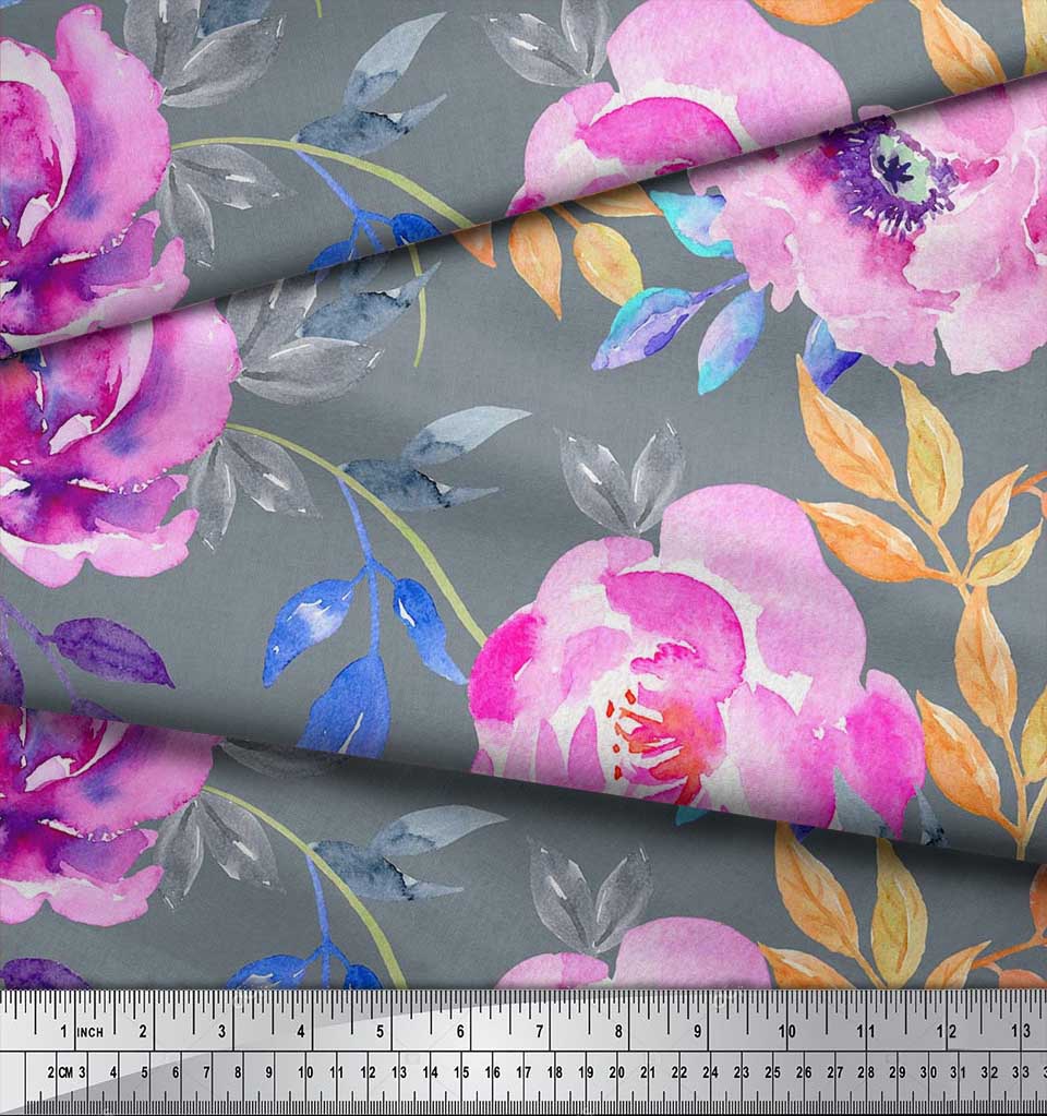 Soimoi Japan Crepe Satin Fabric Leaves & Peony Flower Print Fabric by the Metre 42 Inch