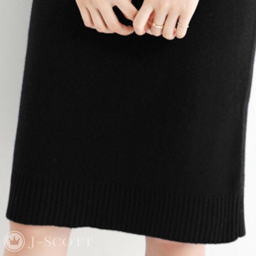 Knit Long Solid Mock Ribbed J-Scott Women's Dress, Knee-Length, Sleeves, Color, Neck, I-Line, Simple, Soft, Black, JS22-BK-XL